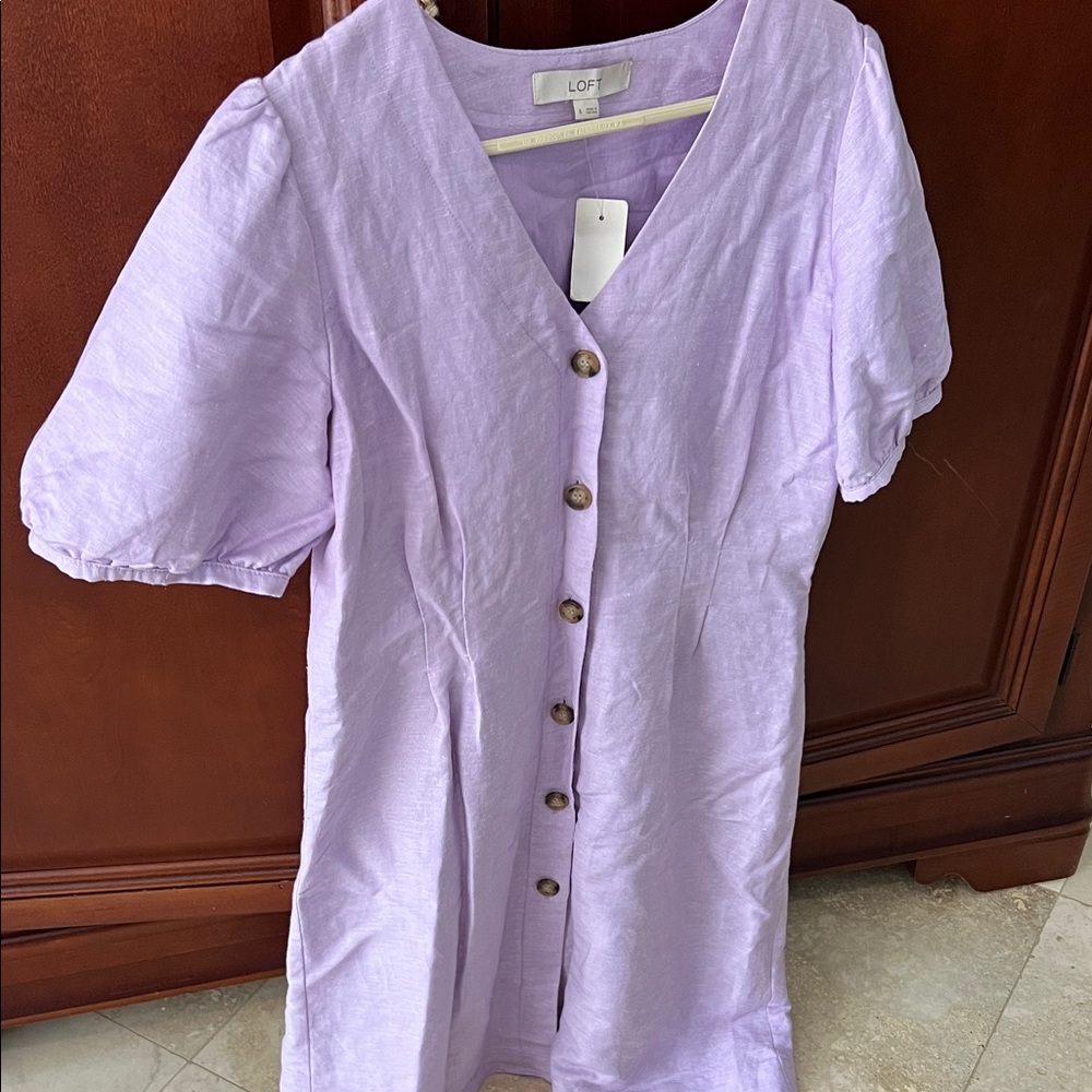 LOFT Button V-Neck Dress Linen Puff Sleeve Size 6 New NWT Light Purple - Picture 3 of 4